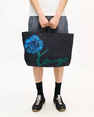 Borsa tote grande “Kenzo Tulip” in twill effetto denim