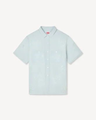 Camicia a maniche corte con ricamo “Kenzo Cartoon” in chambray stone bleach