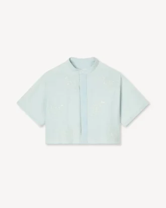 Camicia a maniche corte con ricamo “Kenzo Cartoon” in chambray stone bleach