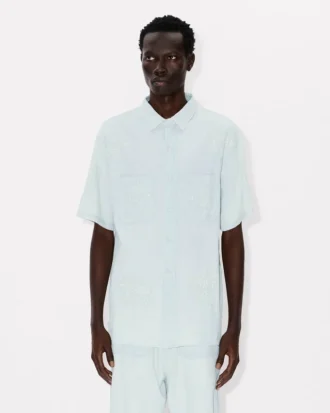 Camicia a maniche corte con ricamo “Kenzo Cartoon” in chambray stone bleach