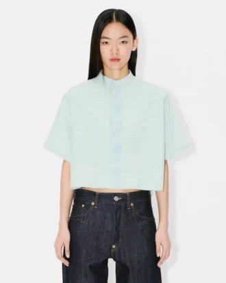 Camicia a maniche corte con ricamo “Kenzo Cartoon” in chambray stone bleach