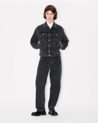 Giacca da camionista con ricamo “Boke Flower” in denim giapponese